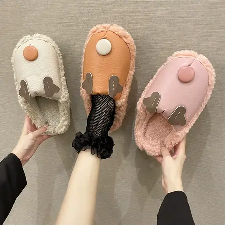 可爱棉拖鞋女PU皮防水秋冬季居家用室内保暖情侣厚底毛绒保暖拖鞋商品大图