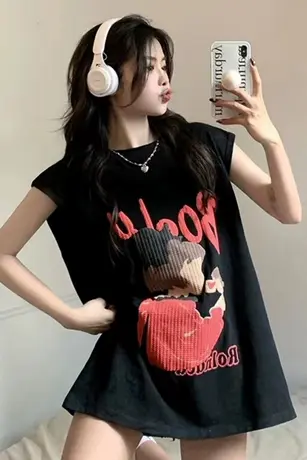 美式复古纯棉吊带运动坎肩背心无袖t恤女夏外穿宽松港风挂脖上衣商品大图