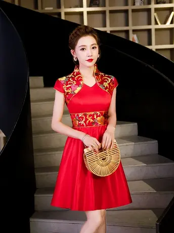 2023新款礼仪旗袍服装颁奖红色短袖旗袍长短款酒店迎宾礼仪旗袍商品大图