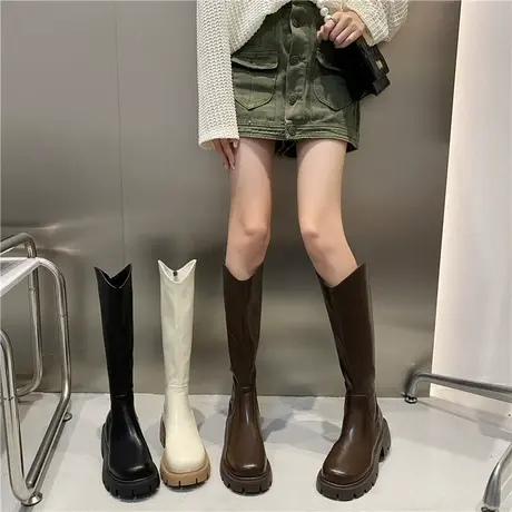 韩系厚底显瘦不过膝长靴骑士靴女2024秋冬新款小个子粗跟切尔西靴图片