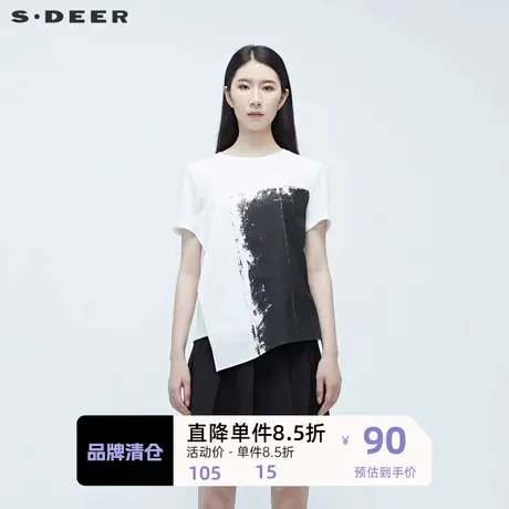 sdeer圣迪奥高级感夏装新品不规则拼接印花短袖T恤S20280133🐞图片