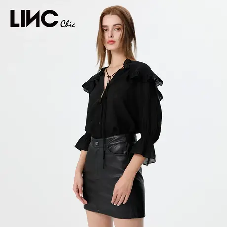 商场同款LINC金羽杰2023秋新款甜酷复古宫廷感大翻领九分袖衬衫女商品大图