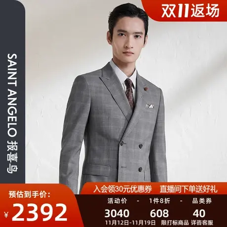 报喜鸟新款西装春季男士时尚商务羊毛修身西服上衣格纹灰色职业装图片