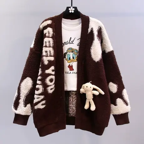 日系卡通字母毛衣外套女秋冬2023新款宽松慵懒风时尚减龄针织开衫图片