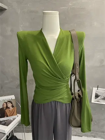 hao品质～简约纯色Ｖ领交叉长袖T恤女气质修身显瘦褶皱打底上衣秋商品大图