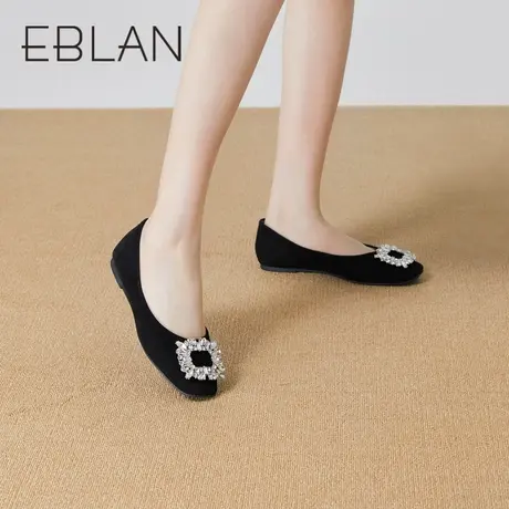 伊伴春季女鞋真皮方头闪钻大方扣小香风通勤平底单鞋B22451682图片