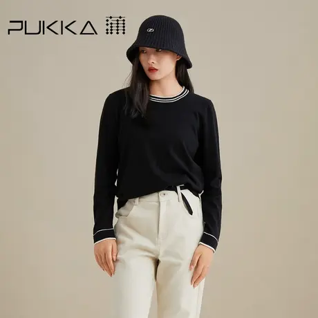 蒲PUKKA 宽松针织衫女秋装新品圆领撞色拼接设计感长袖毛衣图片