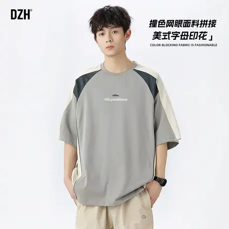 男士运动短袖t恤男夏季美式拼色五分袖半袖上衣2025新款痞帅男装商品大图
