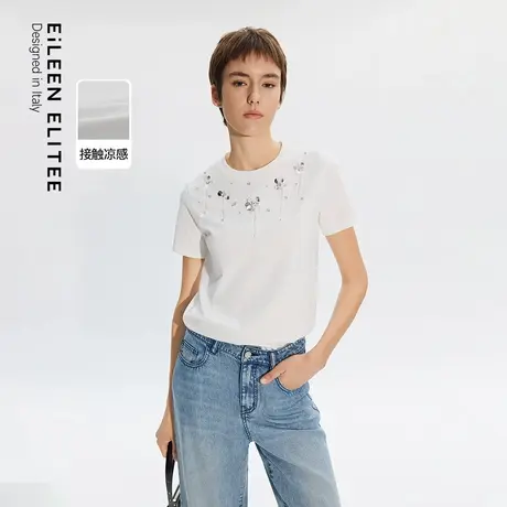 朗姿欧洲EiLEEN ELITEE2025年夏季新款T恤白色凉感短袖上衣女气质图片