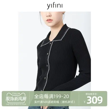 Yifini/易菲翻领刻度针织毛衫女2023秋季新款黑色长袖复古上衣商品大图