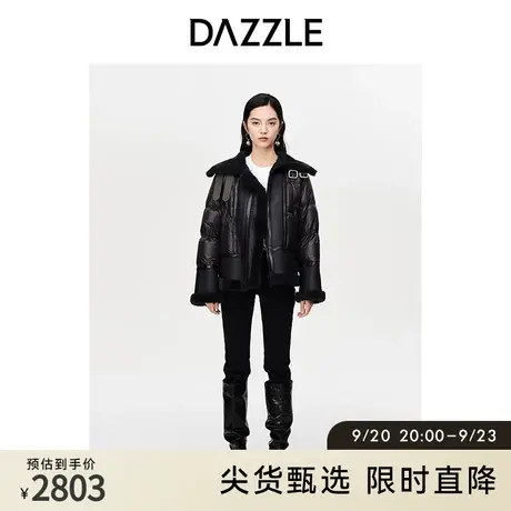 DAZZLE地素奥莱秋冬黑色休闲机车风羽绒拼接设计翻领皮草羽绒服女图片