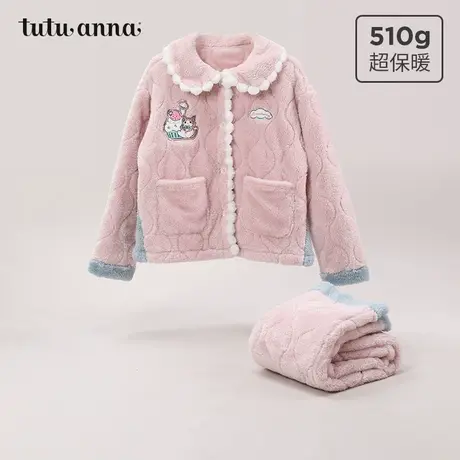 tutuanna秋冬睡衣女 绗棉小猫刺绣拼色家居服套装插肩袖长款睡袍商品大图