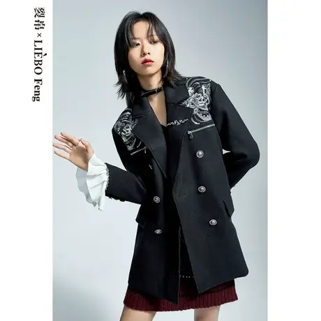 裂帛LIEBOFeng原创设计复古刺绣翻领西装式毛呢外套女中长款大衣图片