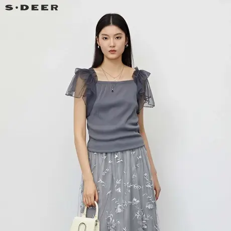 sdeer圣迪奥女装方领网纱木耳边短袖T恤S23260107商品大图