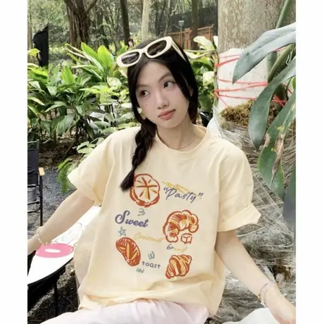 韩系甜美风减龄杏色短袖t恤女2025夏季新款宽松显瘦纯棉半袖上衣图片