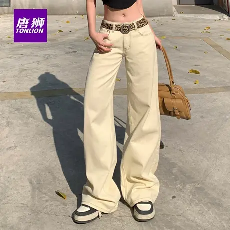 唐狮奶黄色阔腿牛仔裤女2025秋季新款弯刀裤宽松显瘦休闲拖地裤AX图片