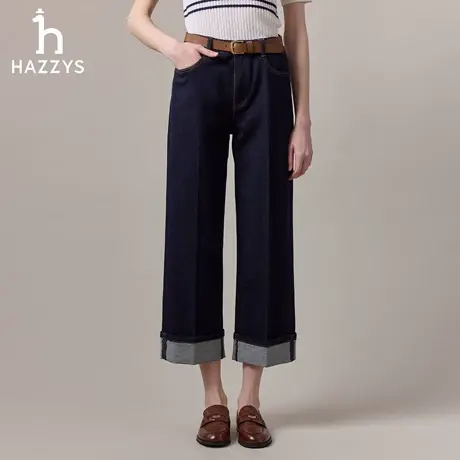 【商场同款】Hazzys哈吉斯宽松直筒翻边牛仔裤女2025年秋新款裤子商品大图