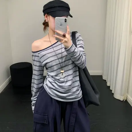 斜肩条纹长袖T恤女2025秋季新款韩版休闲百搭宽松显瘦打底衫上衣商品大图