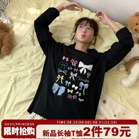 chic韩系学院风减龄黑色长袖t恤女小众设计感蝴蝶结印花正肩上衣商品大图
