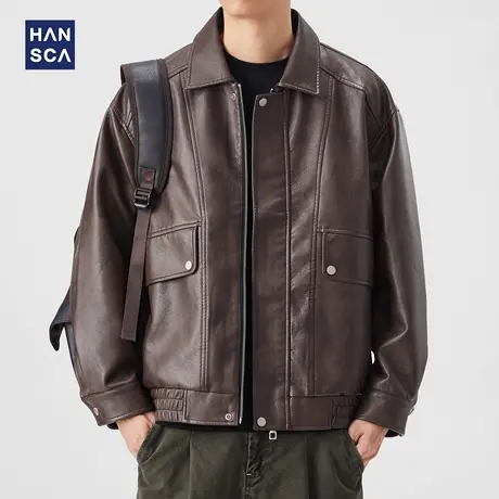 hansca美式复古机车皮衣外套男痞帅街头潮流宽松翻领秋季工装夹克商品大图