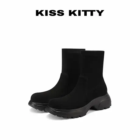 KISSKITTY弹力布瘦瘦靴女2025新款爆款英伦风黑色圆头绒面短靴子商品大图