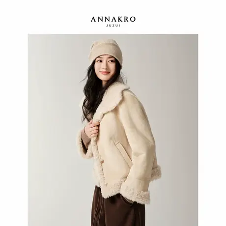 玖姿安娜蔻100%羊毛内里仿麂皮短款机车外套女2025冬季新款商品大图