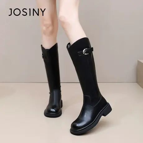 卓诗尼2025秋冬新款粗跟长筒靴时尚舒适显瘦女靴潮流后拉链骑士靴图片
