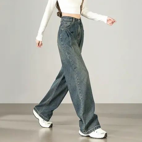 唐狮秋冬新款牛仔裤女宽松褶裥高腰显瘦潮流时尚百搭阔腿裤子TUTA商品大图