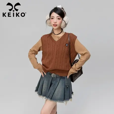 KEIKO 文艺范扭花V领针织马甲女2023秋冬美拉德穿搭无袖毛衣背心商品大图