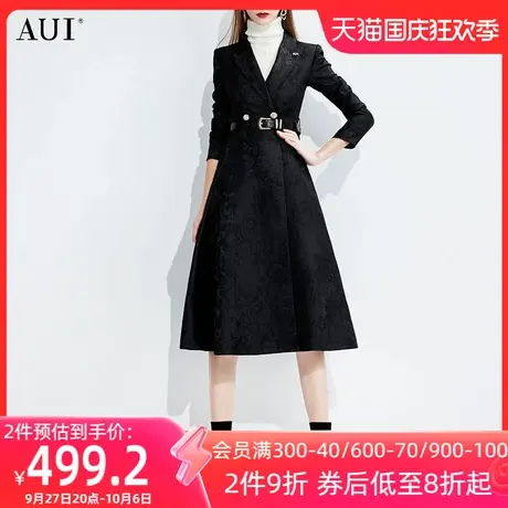 AUI欧美风黑色中长款风衣外套女2023春秋新款高级感高端西装大衣图片