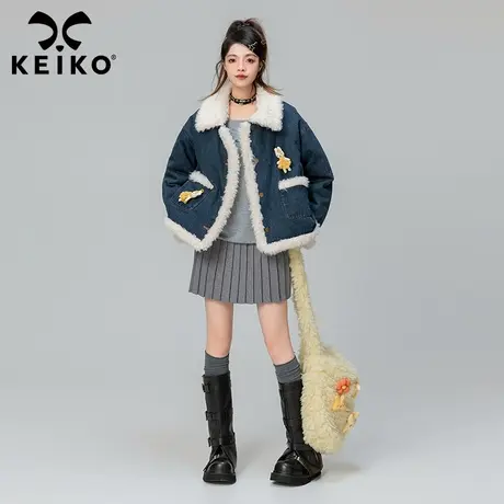 KEIKO复古毛毛领牛仔棉衣夹棉加厚秋冬机车风羊羔毛拼接棉服外套商品大图