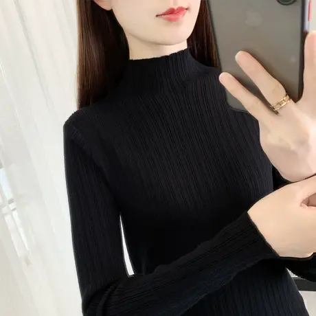 半高领毛衣女打底衫2023新款秋冬内搭中领上衣长袖修身黑色针织衫商品大图