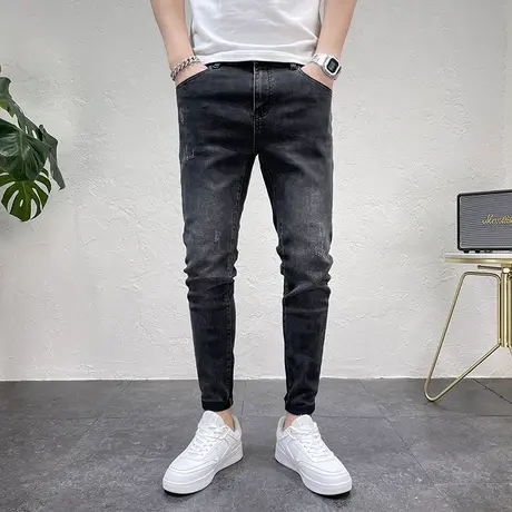 2023秋冬新款男款牛仔裤猫须做旧烫印潮流休闲裤子男士修身铅笔裤商品大图