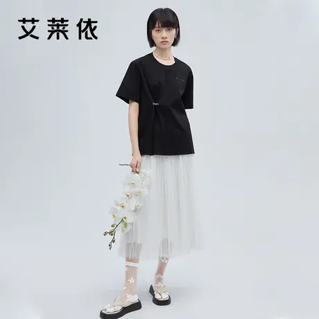 艾莱依黑色T恤女2022新款夏季设计感印花别致收腰显瘦不规则上衣商品大图