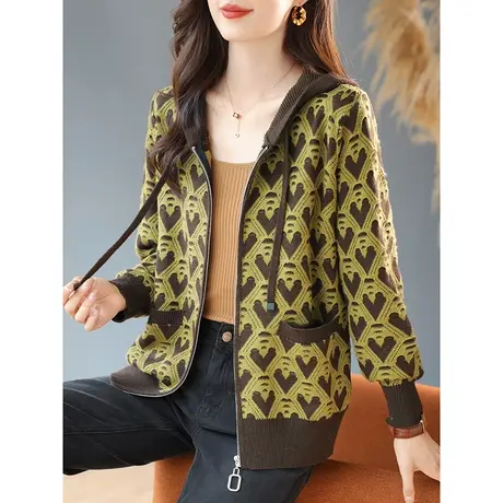 宝诗黎连帽宽松慵懒提花针织外套女2023秋季新款宽松拉链开衫上衣商品大图