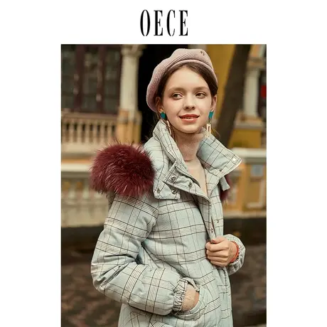 oece冬装新款 Chic复古格纹毛领连帽中长款洋气羽绒服女图片