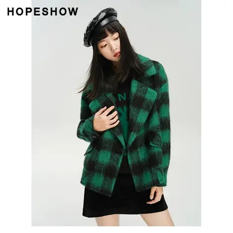 红袖outlets双排扣翻领保暖大衣hopeshow2023冬款复古格纹短外套商品大图
