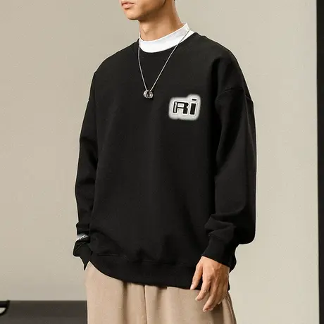 百搭时尚大码卫衣男士长袖春秋款纯色圆领宽松潮牌男装休闲卫衣图片