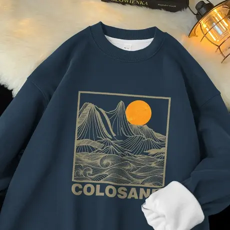 450g重磅国潮卫衣男秋冬款摇粒绒保暖无帽长袖t恤宽松圆领打底衫商品大图