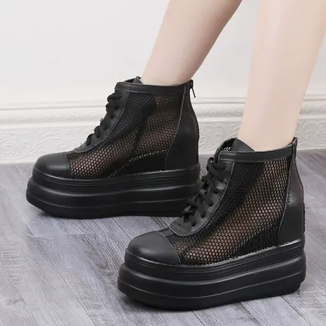 内增高运动鞋10cm厚底松糕鞋2023年夏季高帮真皮休闲薄款透气网鞋商品大图