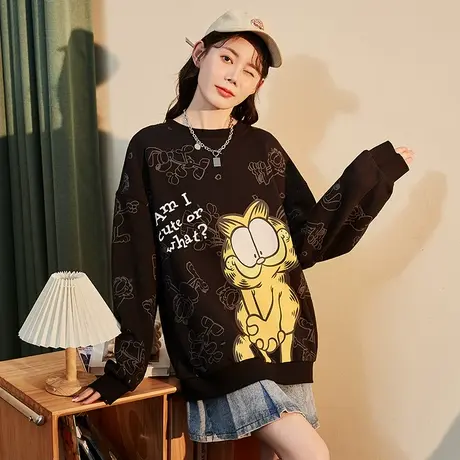 唐狮[加菲猫]卫衣女春秋新款圆领韩版外套宽松上衣满印女士卫衣图片