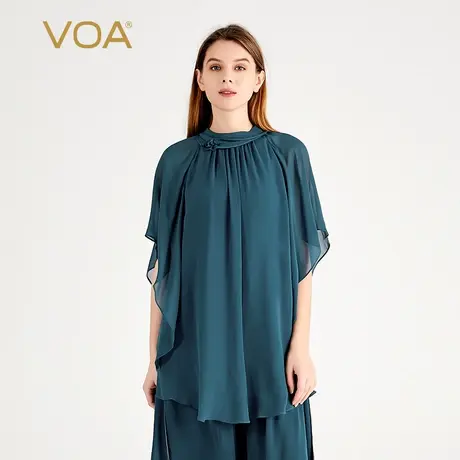 VOA桑蚕丝乔其纱半高领中袖弧形下摆百搭舒适直筒宽松双层真丝T恤商品大图