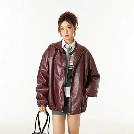 YEP纯色皮衣女2023新款春秋款复古宽松上衣街头潮牌pu皮夹克外套商品大图