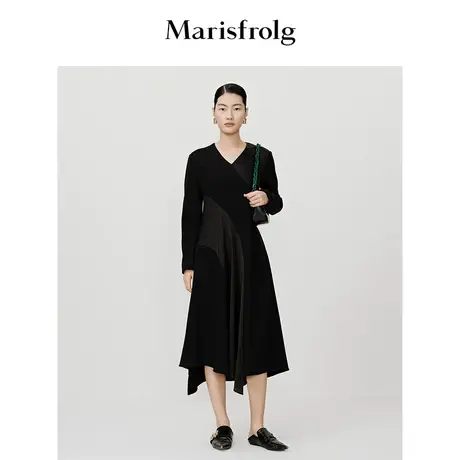 【新能量黑裙】玛丝菲尔冬季新款黑色美利奴羊毛拼接针织连衣裙图片