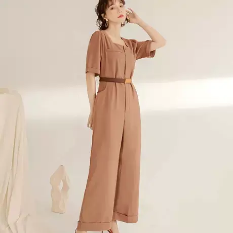 桔熊秋季通勤连体长裤子女方领收腰修身口袋短袖连身裤大码BA6843图片