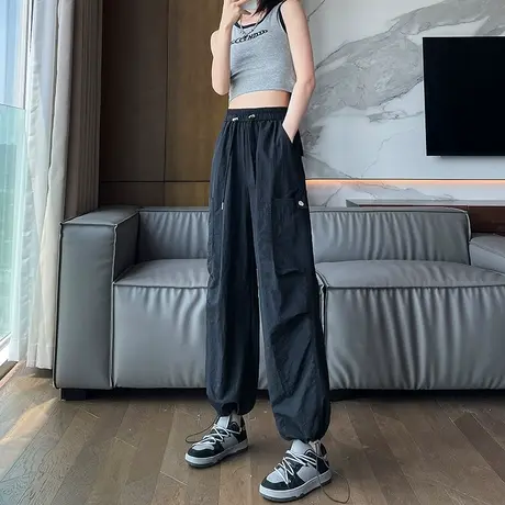 美式速干工装裤女春秋新款高腰显瘦黑色抽绳束脚休闲阔腿运动裤子图片