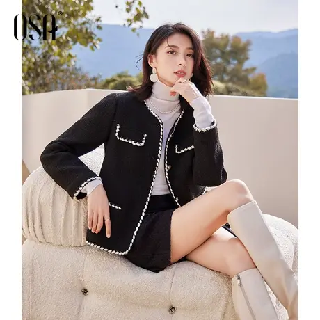 OSA欧莎女士小香风黑色百搭复古矮个子短款外套秋冬季2023年新款商品大图