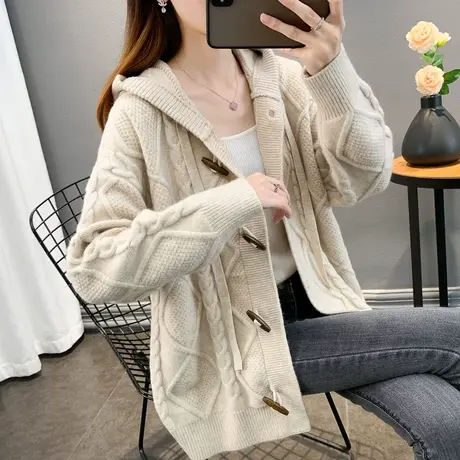 连帽针织开衫2024春装新款韩版纯色女装牛角扣宽松慵懒风毛衣外套商品大图