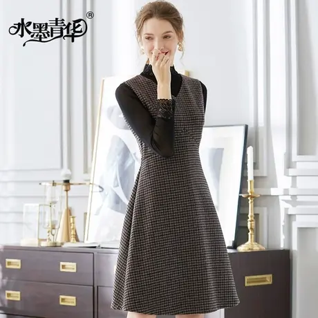 【1件7.9折】冬新款时尚百搭无袖裙优雅修身格纹印毛呢连衣裙图片