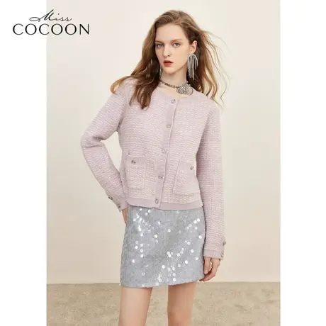 MISSCOCOON紫色圆领针织开衫上衣女2023秋季新款时尚宽松毛衫冬装商品大图